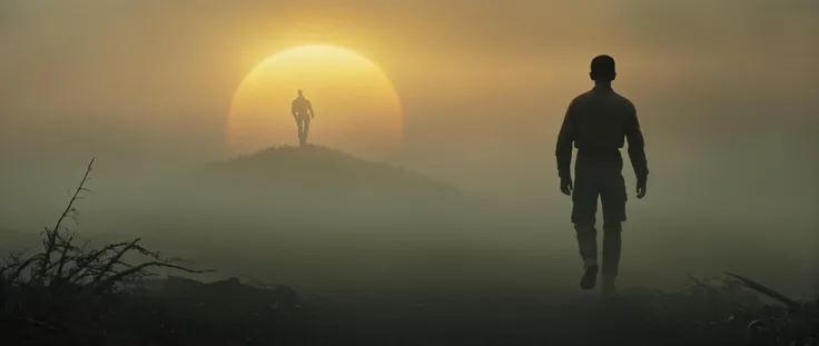 a man standing on a hill in the fog with the sun setting behind him