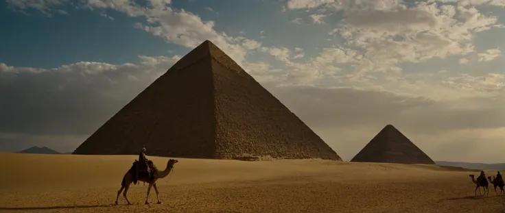 araffes and camels in the desert with pyramids in the background