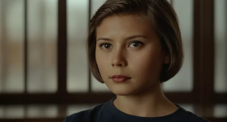 a woman with a short hair and a blue shirt looks at the camera