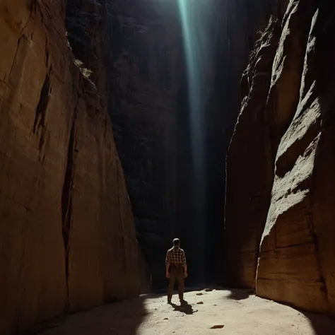 arafed man walking through a narrow canyon in the desert