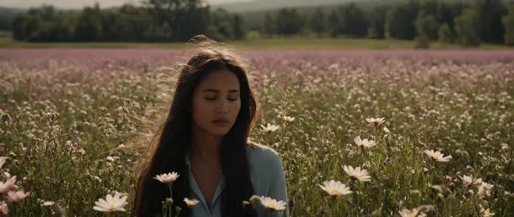 arafed woman standing in a field of flowers with a sky background