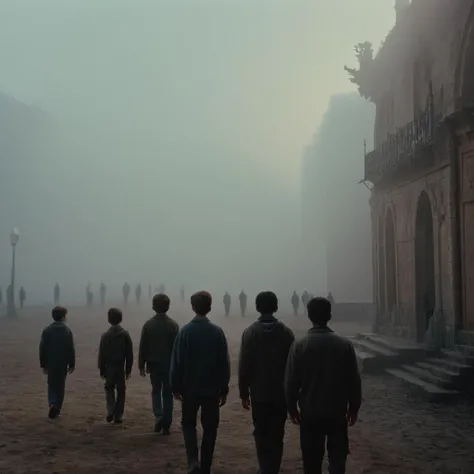 cinematic film still of  <lora:Ron Fricke style:1>
a group of people walking through a foggy area,standing,outdoors,multiple boys,from behind,building,scenery,architecture,multiple others , realistic, realism, movie still, film grain, kodak film, film cont...