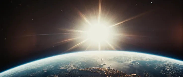 a view of the earth from space with the sun shining over it