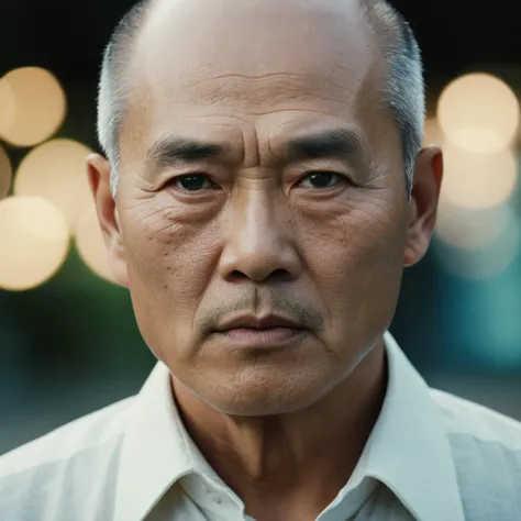 cinematic film still of  <lora:Ron Fricke style:1
asian Japanese old man with a bald head and a white shirt,solo,blue eyes,1boy,closed mouth,grey hair,male focus,blurry,lips,blurry background,portrait,mole under mouth,realistic,bald,old,old man,wrinkled sk...