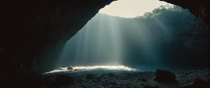 a close up of a cave with a light coming out of it