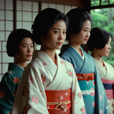 three women in kimono are standing in a row in a room