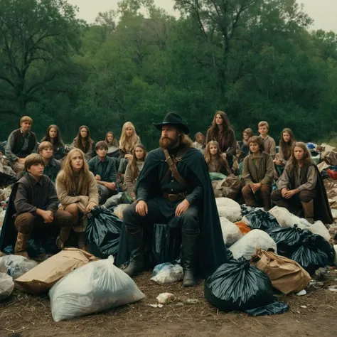 cinematic film still of  <lora:Ron Fricke style:1
a group of people standing around a pile of trash,long hair,multiple girls,skirt,blonde hair,brown hair,shirt,black hair,hat,dress,sitting,boots,outdoors,multiple boys,pants,bag,cape,armor,kneeling,facial h...