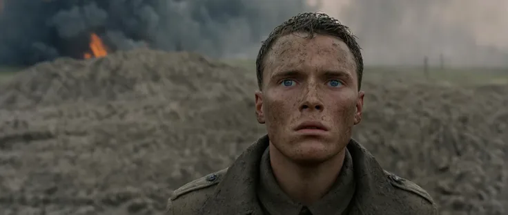 a close up of a man in a military uniform standing in front of a fire