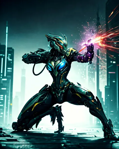 WARFRAME,in the middle of battle, (full shot:1.4) photo of warrior,dynamic action pose,fighting stance, cleavage,big breast, thin waist, bare thigh,high heels, cyberpunk city background,<lora:warframe_v1-000012:0.7>,clear image,