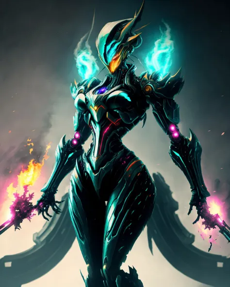 magenta,WARFRAME,in the middle of battle,dust, (full shot:1.4) photo of General, fyling,powerful,energetic, big breast, thin waist, thic thigh,high heels,cyan cyberpunk city background,smoke, flame<lora:warframe_v1-000012:0.8>,clear image,