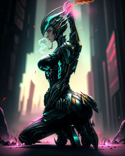 magenta,WARFRAME,in the middle of battle,dust, (full shot:1.4) photo of General, hand on ground, kneel, powerful,energetic, big breast, thin waist, wide hip, thigh,high heels,cyan cyberpunk city background,bokeh,smoke, flame<lora:warframe_v1-000012:0.6>,cl...