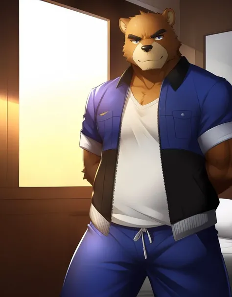 (((detailed eyes, detailed face))), (bara, juuichi <lora:character_juuichi_findigo_v1:0.9>, bear, short hair, black eyes), male, (solo), (plump, fat, chubby, overweight), (blue jacket, white shirt, blue pants), standing, (arms behind back), smile BREAK (by...