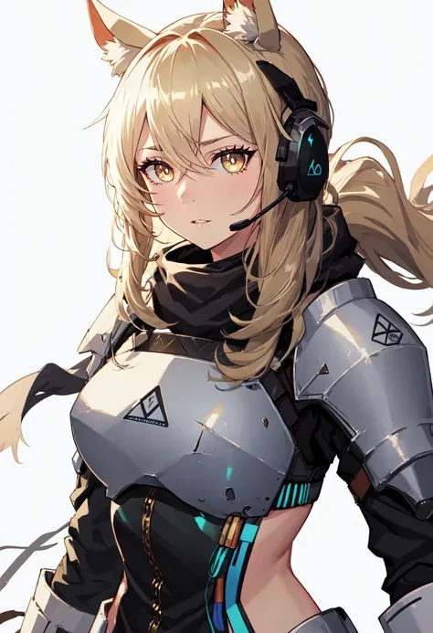 best quality, masterpiece, highres, solo, (nearl_arknights:1.10), 1girl, breastplate, headset, upper body, pauldrons, scarf, sidelocks, simple background, closed mouth, white background, looking at viewer, parted lips, 7 <lora:nearl_arknights:0.80>