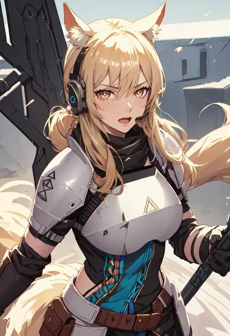 best quality, masterpiece, highres, solo, (nearl_arknights:1.10), 1girl, headset, weapon, breastplate, holding, looking at viewer, orange eyes, pauldrons, scarf, shield, sidelocks, upper body, v-shaped eyebrows, open mouth, 9 <lora:nearl_arknights:0.80>