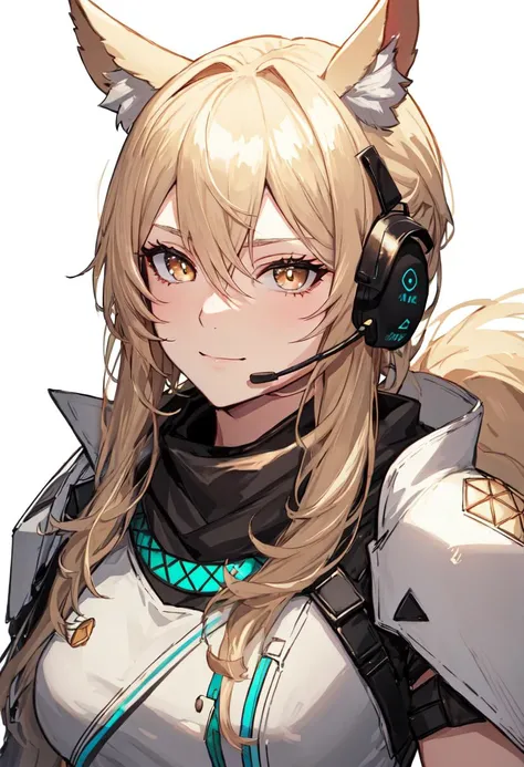 best quality, masterpiece, highres, solo, (nearl_arknights:1.10), 1girl, closed mouth, headset, implied extra ears, looking at viewer, simple background, white background, portrait, upper body, smile, black scarf, shoulder armor, 6 <lora:nearl_arknights:0....