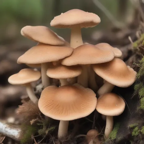 light brown sprawling disk-shaped pimpled mushroom, divided, glossy, beneficial mycorrhizae, moorland, epigeous, radiant,  cap s...