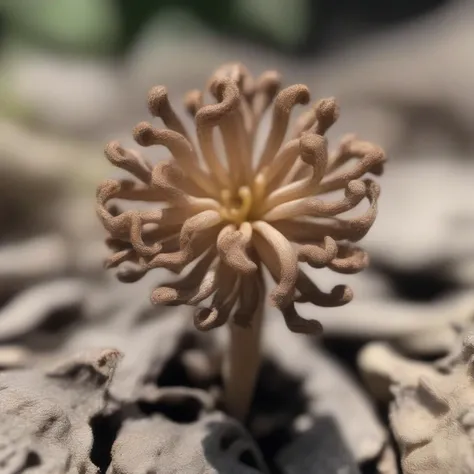 tiny pewter robust heart-shaped plant, bumpy texture furrowed tuber, rough,  light brown tubular floret corolla flower, flabella...