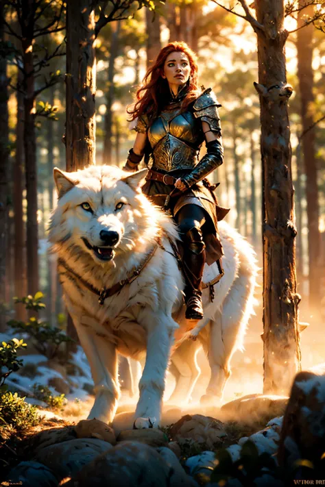 a woman riding a white wolf through a forest with trees