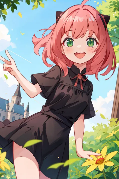 1girl, solo, (Anya(SPYXFamily)), green eyes, medium hair, black dress, cute, smile, :d, dynamic angle, outdoors, flower, <lora:Karakter - Anya:0.7>