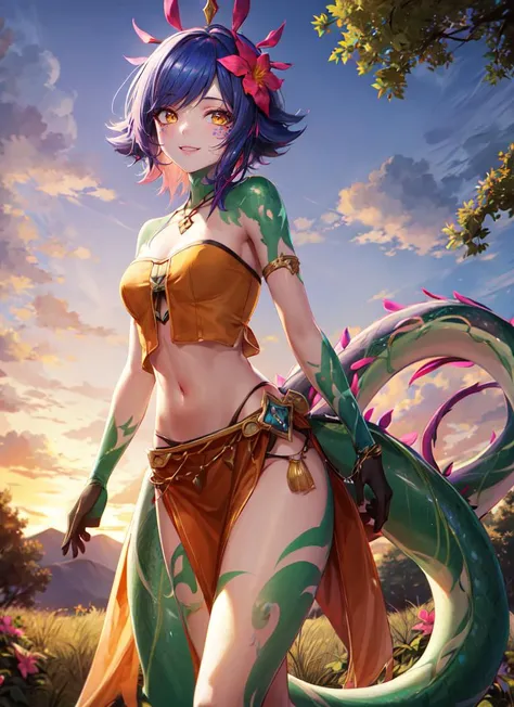 ((best quality)), ((highly detailed)), masterpiece, absurdres, (detailed eyes, deep eyes), (1girl), <lora:slim_tall-plump_short:-1>, dynamic pose, cowboy shot, wide shot, <lora:hairdetailer:.5>, <lora:neeko:.8>, neeko, short hair, flower in hair, yellow ey...