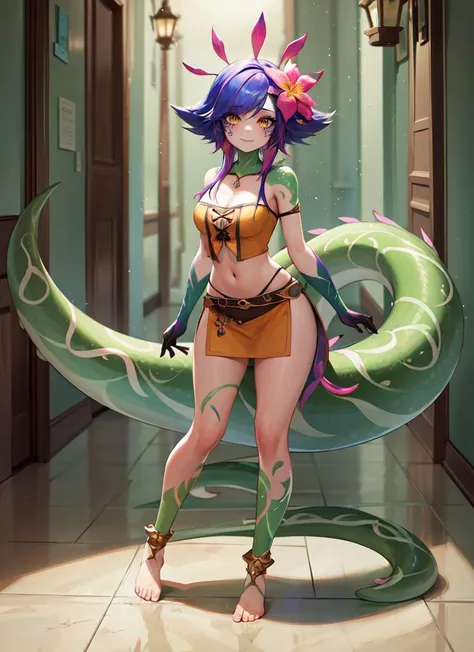 ((best quality)), ((highly detailed)), masterpiece, absurdres, (detailed eyes, deep eyes), (1girl), straight-on, full body, (((wide shot))), <lora:neeko:1>, neeko, short hair, flower in hair, yellow eyes, green skin, monster girl, smiling, lizard tail, tub...