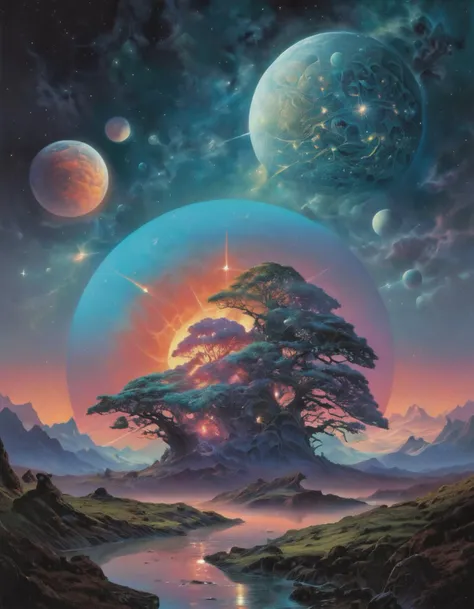 a painting of a tree in the middle of a landscape with planets