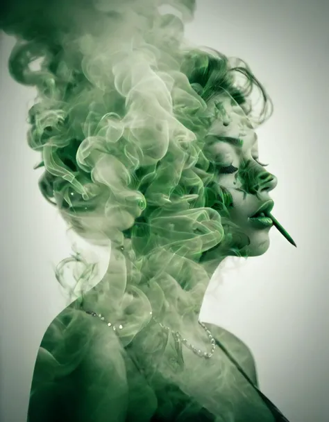 <lora:Double_Exposure:1> double exposure, seductive woman, green smoke, (420 written in the smoke letters,:1.2)