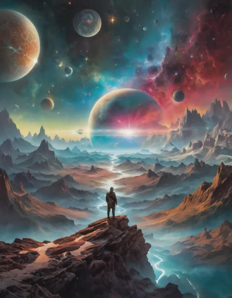 a man standing on top of a mountain looking at planets