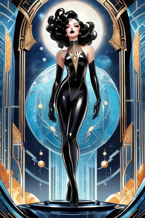 Art Deco, bluethebone artwork style, masterpiece, best quality, panorama, from above, 1girl, barefeet,foot,toes,soles,naked,feet,(((black hair slicked back))), black eyeliner, black lipstick,solo, shiny,  thin,skinny,flat chast,open legs, frills, collarbon...