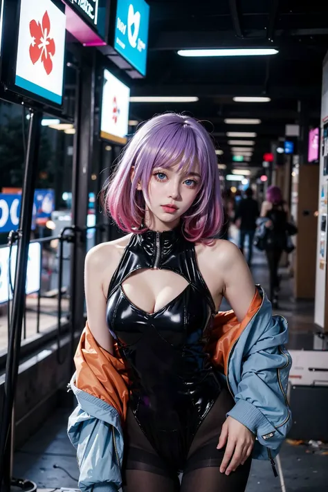 <lora:YD_LUNA:0.8>, YD_luna,  (pink hair, medium hair, multicolored_hair), large breasts, cleavage, cleavage cutout, blue jacket, open jacket, off shoulder,black leotard, (black stockings), upper body, standing, (cowboy shot),(masterpiece, high quality, be...