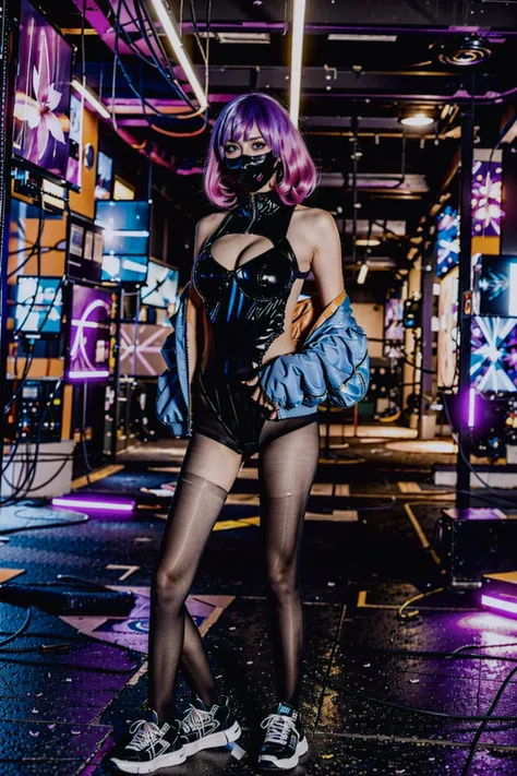 <lora:YD_LUNA:0.8>,YD_luna,(mask),(pink hair, medium hair, multicolored_hair),large breasts,cleavage,cleavage cutout,blue jacket,open jacket,off shoulder,black leotard,(black stockings),(sneakers),full body,standing,(normal standing posture:1.4),(masterpie...