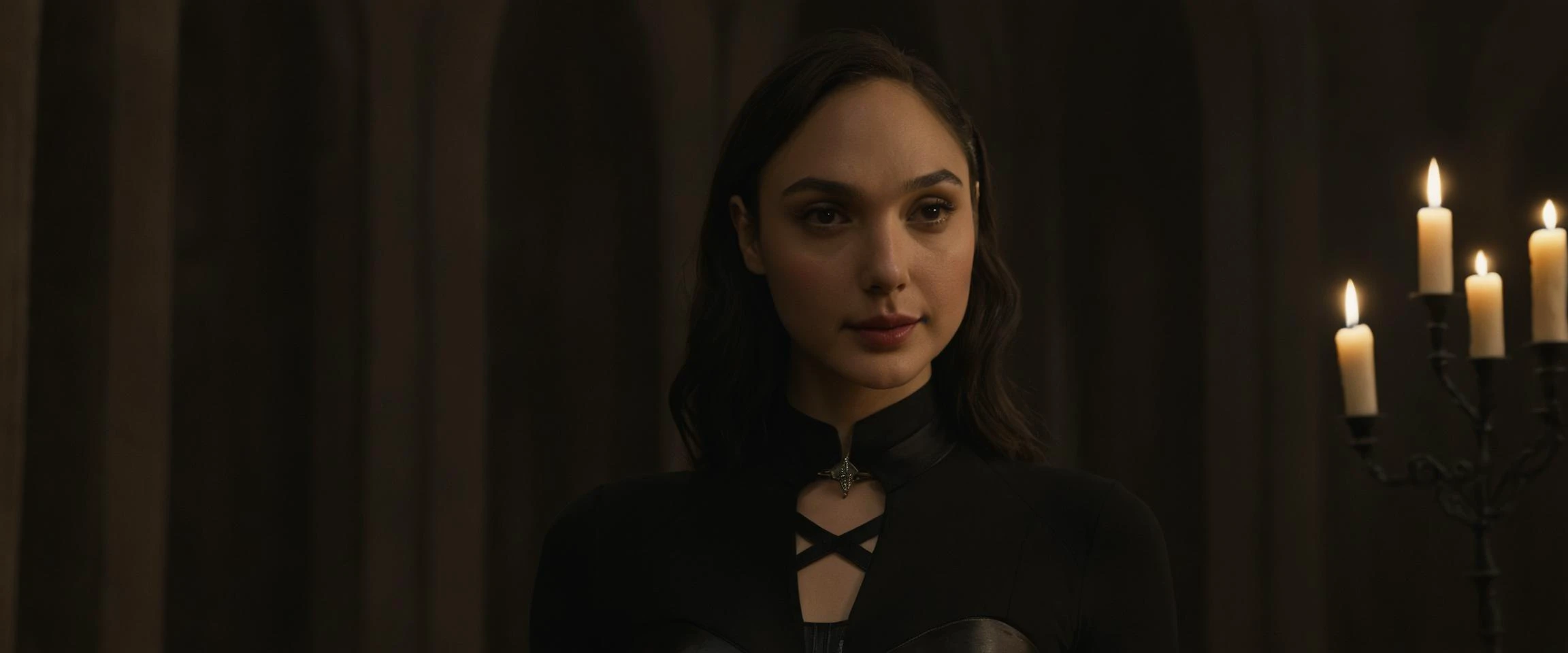 closeup portrait hyper shot of  Gal Gadot , cute face, cinemascope 35mm, film grain
 (wearing goth clothing:1.2), (long-sleeved shirt,dark-colored skirt:1.2), (wearing a black bra:1.2),(Gothic Cathedral:1.2),(with dramatic architecture and candlelit ambien...