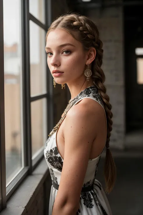 (Fashion Photography, Award Winning), photograph, RAW photo, TrualityCampus_Melody, (Industrial warehouse with exposed brick walls and tall windows), ((wearing  print dress  , sardonyx earrings)) ((grey milkmaid braid hair)), by Steve McCurry, 35mm, F/2.8,...