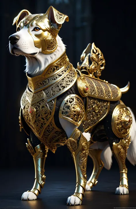 Anthropomorphic majestic dog, detailed armor, intricate filigree metal design, gold, steel, silk, hyper detailed, cinematic lighting, 16k, 32k, Unreal Engine, Octane Rendering, (beyond cognitive rendering, Super Rendering, Science)
 <lora:xl_more_art-full_...