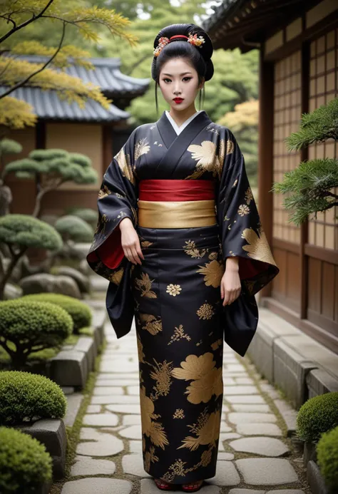 ((fashion photography)), perfect face, perfect eyes, (medium full shot) of  (demure geisha) korean young woman, full-figured, bl...