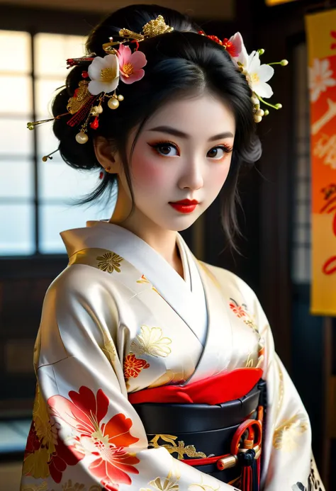 (medium full shot) of (poised young woman:1.1) japanese geisha, black hair, straight hair,  brown eyes, petite,             (wea...