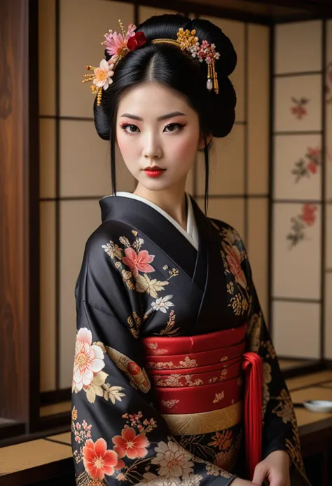 ((fashion photography)), perfect face, perfect eyes, (medium full shot) of  (alluring geisha) chinese young woman, slim, black h...