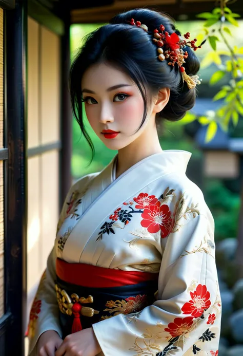 (medium full shot) of (elegant young woman:1.1) japanese geisha, black hair, hime haircut, dark brown eyes, petite,             ...