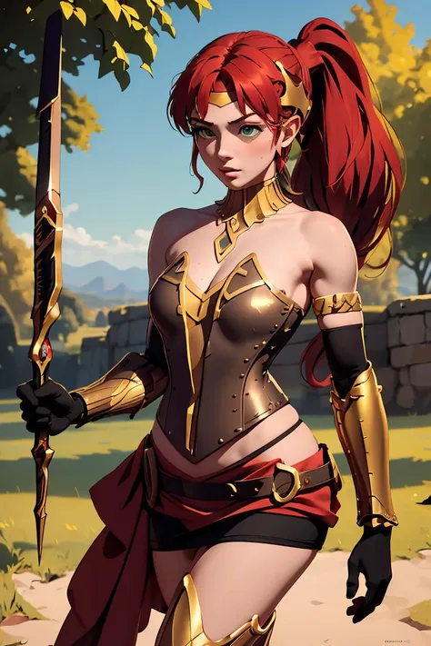 a woman in a red and gold outfit holding a sword