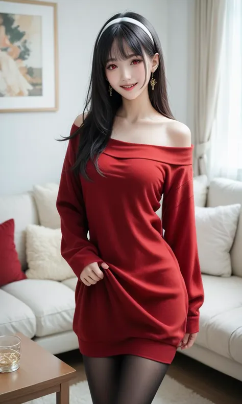 a woman in a red dress posing for a picture in a living room