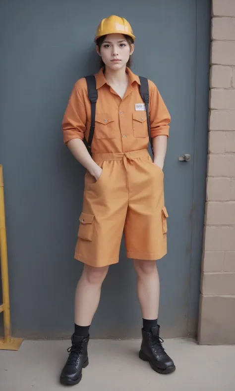 a woman in an orange work suit and a yellow helmet