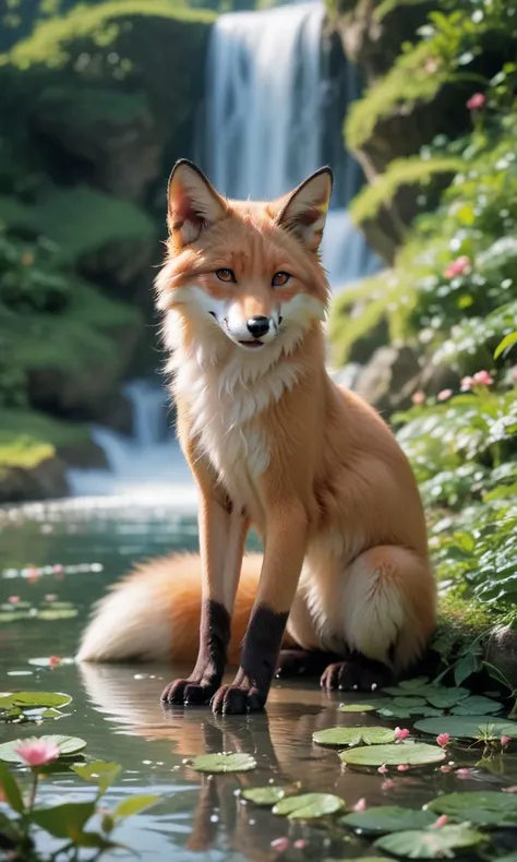 arafed fox sitting in front of a waterfall with lily pads