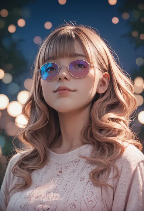 a woman with long hair and sunglasses standing in front of a tree