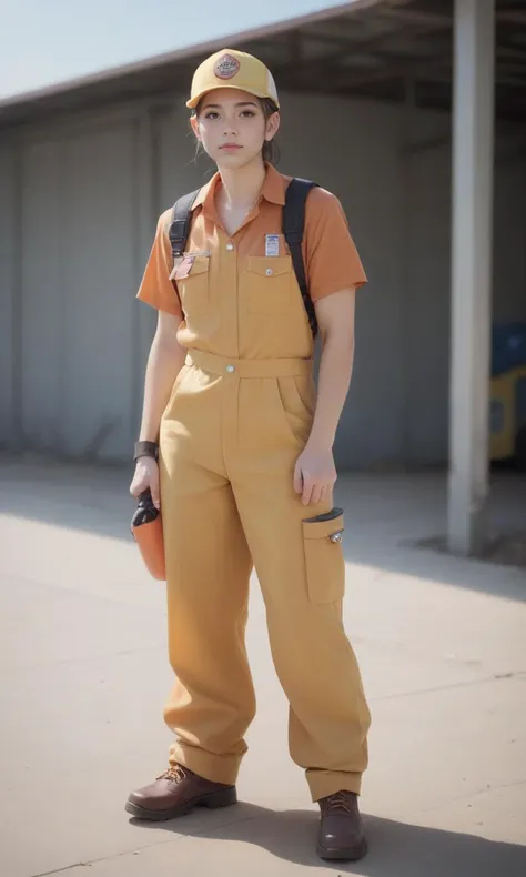 a woman in a yellow uniform is standing in a parking lot