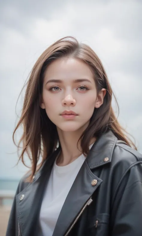 a woman in a black leather jacket standing on a beach