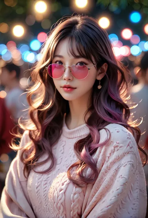 a woman with long hair and pink sunglasses standing in front of a crowd