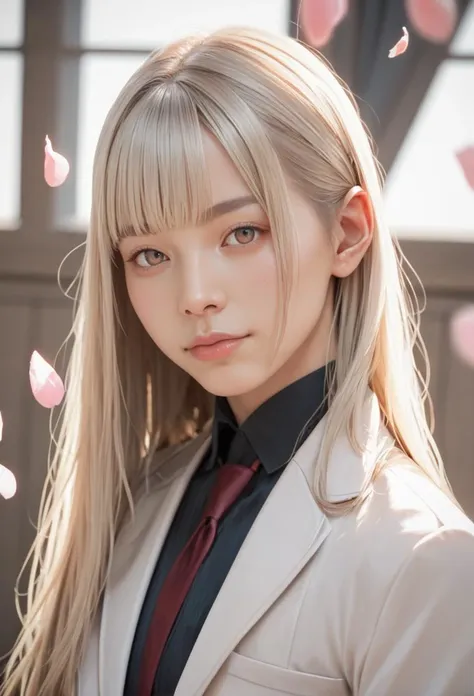 blonde haired woman with long hair wearing a suit and tie