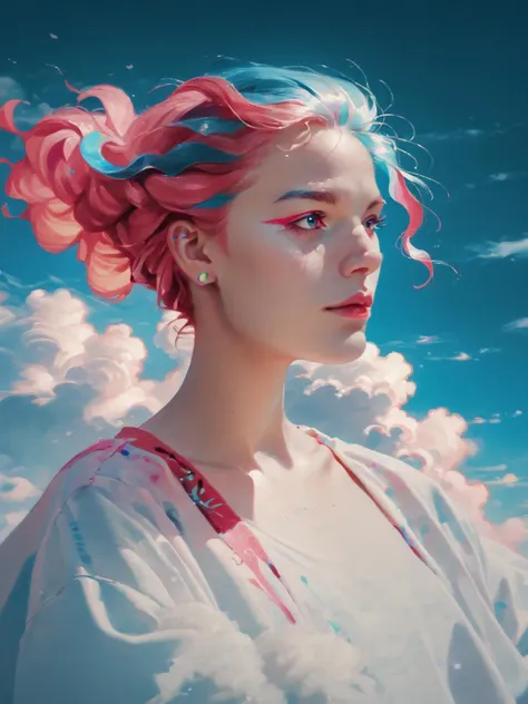 a woman with pink hair and blue eyes standing in front of a cloudy sky