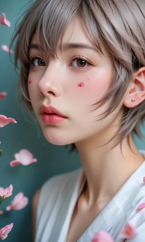 a woman with short hair and pink flowers in her hair