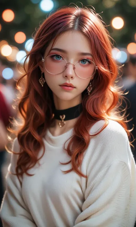 a woman with red hair and glasses standing in front of a crowd